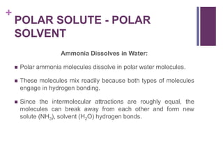 +
POLAR SOLUTE - POLAR
SOLVENT
Ammonia Dissolves in Water:
 Polar ammonia molecules dissolve in polar water molecules.
 These molecules mix readily because both types of molecules
engage in hydrogen bonding.
 Since the intermolecular attractions are roughly equal, the
molecules can break away from each other and form new
solute (NH3), solvent (H2O) hydrogen bonds.
 