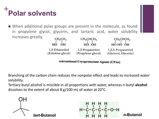 +
 When additional polar groups are present in the molecule, as found
in propylene glycol, glycerin, and tartaric acid, water solubility
increases greatly.
Branching of the carbon chain reduces the nonpolar effect and leads to increased water
solubility.
Tertiary butyl alcohol is miscible in all proportions with water, whereas n-butyl alcohol
dissolves to the extent of about 8 g/100 mL of water at 20°C.
tert-Butanol n-Butanol
Polar solvents
 