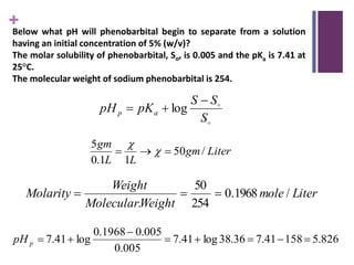 +
Liter
gm
L
L
gm
/
50
1
1
.
0
5


 

Liter
mole
Weight
Molecular
Weight
Molarity /
1968
.
0
254
50
.





S
S
S
pK
pH a
p


 log
826
.
5
158
41
.
7
36
.
38
log
41
.
7
005
.
0
005
.
0
1968
.
0
log
41
.
7 







p
pH
Below what pH will phenobarbital begin to separate from a solution
having an initial concentration of 5% (w/v)?
The molar solubility of phenobarbital, So, is 0.005 and the pKa is 7.41 at
25°C.
The molecular weight of sodium phenobarbital is 254.
 