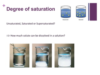 +
Degree of saturation
Unsaturated, Saturated or Supersaturated?
 How much solute can be dissolved in a solution?
 