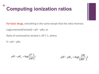 +
Computing ionization ratios
For basic drugs, everything is the same except that the ratio reverses:
Log(unionized/ionized) = pH – pKa, or
Ratio of unionized to ionized is 10X / 1, where
X = pH – pKa
)
][
][
log(
HP
P
pKpH a

 )
][
][
log( 

BH
B
pKpH a
 