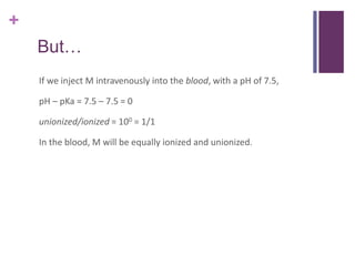 +
But…
If we inject M intravenously into the blood, with a pH of 7.5,
pH – pKa = 7.5 – 7.5 = 0
unionized/ionized = 100 = 1/1
In the blood, M will be equally ionized and unionized.
 