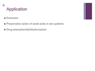 +
Application
 Extraction
 Preservative action of weak acids in o/w systems
 Drug absorption/distribution/action
 