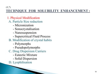1. Physical Modification
A. Particle Size reduction
- Micronization
- Sonocrystalisation
- Nanosuspension
- Supercritical Fluid Process
B. Modification of crystal habits
- Polymorphs
- Pseudopolymorphs
C. Drug Dispersion Carriers
- Eutectic Mixture
- Solid Dispersion
D. Lyophilisation
30
 