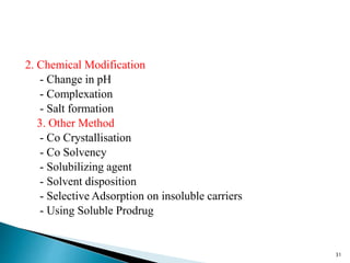 2. Chemical Modification
- Change in pH
- Complexation
- Salt formation
3. Other Method
- Co Crystallisation
- Co Solvency
- Solubilizing agent
- Solvent disposition
- Selective Adsorption on insoluble carriers
- Using Soluble Prodrug
31
 