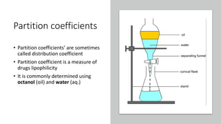 Partition coefficients
• Partition coefficients’ are sometimes
called distribution coefficient
• Partition coefficient is a measure of
drugs lipophilicity
• It is commonly determined using
octanol (oil) and water (aq.)
 
