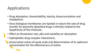 Applications
• Drug absorption, bioavailability, toxicity, bioaccumulation and
metabolism.
• Since biological membranes are lipoidal in nature the rate of drug
transfer for passively absorbed drugs is directly related to the
lipophilicity of the molecule.
• Effect on dissolution rate, pKa and solubility on absorption
• hydrophobic drug receptor interactions.
• preservative action of weak acids and determination of its optimum
concentration for the effectiveness of action.
 