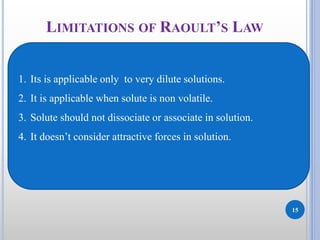 LIMITATIONS OF RAOULT’S LAW
15
1. Its is applicable only to very dilute solutions.
2. It is applicable when solute is non volatile.
3. Solute should not dissociate or associate in solution.
4. It doesn’t consider attractive forces in solution.
 