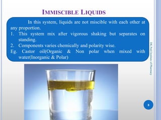 IMMISCIBLE LIQUIDS
8
DKPatilInstituteofPharmacy
In this system, liquids are not miscible with each other at
any proportion.
1. This system mix after vigorous shaking but separates on
standing.
2. Components varies chemically and polarity wise.
Eg. Castor oil(Organic & Non polar when mixed with
water(Inorganic & Polar)
 