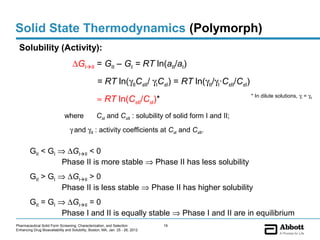 Solid State Thermodynamics (Polymorph)
 Solubility (Activity):
                                   ∆GIII = GII – GI = RT ln(aII/aI)
                                                   = RT ln(γIICsII/ γICsI) = RT ln(γII/γI·CsII/CsI)
                                                                                                      * In dilute solutions, γI = γII
                                                   ≈ RT ln(CsII/CsI)*
                              where               CsI and CsII : solubility of solid form I and II;
                                γI and γII : activity coefficients at CsI and CsII.


        GII < GI ⇒ ∆GIII < 0
                  Phase II is more stable ⇒ Phase II has less solubility
        GII > GI ⇒ ∆GIII > 0
                  Phase II is less stable ⇒ Phase II has higher solubility
        GII = GI ⇒ ∆GIII = 0
                  Phase I and II is equally stable ⇒ Phase I and II are in equilibrium
Pharmaceutical Solid Form Screening, Characterization, and Selection            19
Enhancing Drug Bioavailability and Solubility, Boston, MA, Jan. 25 - 26, 2012
 