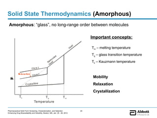 Solid State Thermodynamics (Amorphous)
 Amorphous: “glass”, no long-range order between molecules

                                                                                               Important concepts:
                                                                                    uid
                                                                                Liq            Tm – melting temperature
                                                                                               Tg – glass transition temperature
                                                           led
                                                         oo
                                                       erc
                                                    up id
                                                   S u                                         Tk – Kauzmann temperature
                                                     Liq
                              G la ss 1

             Re la xa tion              2
                               Gla ss
                                                                                                Mobility
  m
  E
  V
  p
  a
  h
  n
  e
  u
  o
  y
  t
  ,
  l




                      C ryst a llin e                                                           Relaxation
                                                                                                Crystallization
              Tk                       Tg                              Tm
                                 Temperature

Pharmaceutical Solid Form Screening, Characterization, and Selection                      24
Enhancing Drug Bioavailability and Solubility, Boston, MA, Jan. 25 - 26, 2012
 