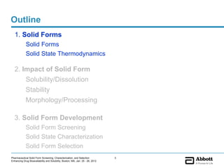 Outline
   1. Solid Forms
             Solid Forms
             Solid State Thermodynamics

   2. Impact of Solid Form
       Solubility/Dissolution
       Stability
       Morphology/Processing

   3. Solid Form Development
             Solid Form Screening
             Solid State Characterization
             Solid Form Selection
Pharmaceutical Solid Form Screening, Characterization, and Selection            3
Enhancing Drug Bioavailability and Solubility, Boston, MA, Jan. 25 - 26, 2012
 