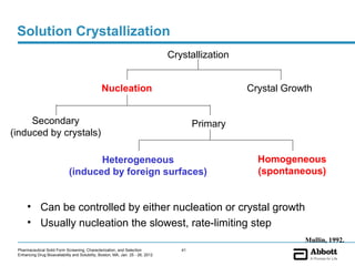Solution Crystallization
                                                                                 Crystallization


                                                Nucleation                                         Crystal Growth


     Secondary                                                                           Primary
(induced by crystals)

                                     Heterogeneous                                                   Homogeneous
                              (induced by foreign surfaces)                                          (spontaneous)


      • Can be controlled by either nucleation or crystal growth
      • Usually nucleation the slowest, rate-limiting step
                                                                                                               Mullin, 1992.
 Pharmaceutical Solid Form Screening, Characterization, and Selection               41
 Enhancing Drug Bioavailability and Solubility, Boston, MA, Jan. 25 - 26, 2012
 