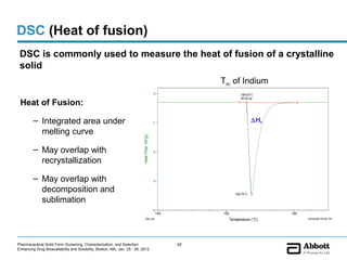 DSC (Heat of fusion)
 DSC is commonly used to measure the heat of fusion of a crystalline
 solid                                                                   Sample: Indium                                              File: S:3SGongINDIUM.001
                                                                         Size: 3.2640 x 0.0000 mg                    DSC             Operator: YG
                                                                         Method: Temperature (°C)                                    Run Date: 24-Apr-2008 14:59
                                                                         Comment: Cell constant calibration   Tm of Indium           Instrument: DSC Q2000 V24.2 Build 107


                                                                                           0                           158.03°C
                                                                                                                       28.42J/g
 Heat of Fusion:

         – Integrated area under                                                           -1                                  ∆Hf
           melting curve
                                                                         Heat Flow (W/g)
         – May overlap with                                                                -2

           recrystallization

         – May overlap with                                                                -3

           decomposition and                                                                                        158.76°C

           sublimation
                                                                                           -4
                                                                                             145              155                                165
                                                                               Exo Up                           Temperature (°C)                           Universal V4.4A TA Instruments




Pharmaceutical Solid Form Screening, Characterization, and Selection                               62
Enhancing Drug Bioavailability and Solubility, Boston, MA, Jan. 25 - 26, 2012
 