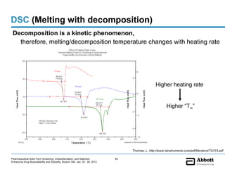DSC (Melting with decomposition)
 Decomposition is a kinetic phenomenon,
   therefore, melting/decomposition temperature changes with heating rate




                                                                                                     Higher heating rate


                                                                                                            Higher “Tm”




                                                                                     Thomas, L. http://www.tainstruments.com/pdf/literature/TA315.pdf

Pharmaceutical Solid Form Screening, Characterization, and Selection            64
Enhancing Drug Bioavailability and Solubility, Boston, MA, Jan. 25 - 26, 2012
 