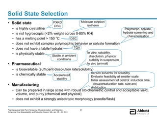 Solid State Selection
• Solid state                                             PXRD                  Moisture sorption
                                                           DSC                      isotherm
     –    is highly crystalline                                               Polymorph, solvate,
     –    is not hygroscopic (<2% weight across 0-80% RH)                    hydrate screening and
                                                                                characterization
     –    has a melting point > 150 °C      DSC
     –    does not exhibit complex polymorphic behavior or solvate formation
     –    does not have a labile hydrate      TGA
     –    is physically stable                        In vitro: solubility,
                                                         Stable at ambient             dissolution, physical
                                                            conditions                 stability in suspension
• Pharmaceutical                                                                     In vivo (animal)
     – is bioavailable (sufficient dissolution rate/solubility)
     – is chemically stable                                  Screen solvents for solubility
                                  Accelerated                                          Evaluate feasibility at smaller scale
                                                               stability               Initial assessment of control: induction time,
• Manufacturing                                                                          desupersaturation rate, size and
                                                                                       distribution
     – Can be prepared in large scale with robust stoichiometric control and acceptable yield,
       volume, and purity (chemical and physical)
     – does not exhibit a strongly anisotropic morphology (needle/flask)


Pharmaceutical Solid Form Screening, Characterization, and Selection            81
Enhancing Drug Bioavailability and Solubility, Boston, MA, Jan. 25 - 26, 2012
 