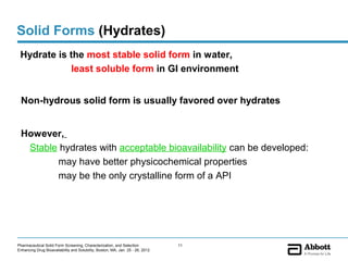 Solid Forms (Hydrates)
 Hydrate is the most stable solid form in water,
            least soluble form in GI environment


  Non-hydrous solid form is usually favored over hydrates


  However,
   Stable hydrates with acceptable bioavailability can be developed:
         may have better physicochemical properties
         may be the only crystalline form of a API




Pharmaceutical Solid Form Screening, Characterization, and Selection            11
Enhancing Drug Bioavailability and Solubility, Boston, MA, Jan. 25 - 26, 2012
 