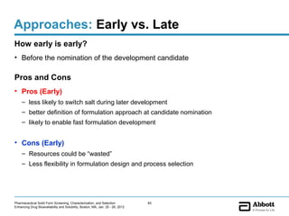 Approaches: Early vs. Late
How early is early?
• Before the nomination of the development candidate

Pros and Cons
• Pros (Early)
     – less likely to switch salt during later development
     – better definition of formulation approach at candidate nomination
     – likely to enable fast formulation development


• Cons (Early)
     – Resources could be “wasted”
     – Less flexibility in formulation design and process selection




Pharmaceutical Solid Form Screening, Characterization, and Selection            83
Enhancing Drug Bioavailability and Solubility, Boston, MA, Jan. 25 - 26, 2012
 