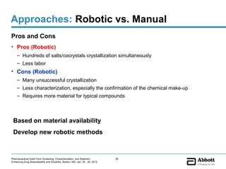 Approaches: Robotic vs. Manual
Pros and Cons
• Pros (Robotic)
     – Hundreds of salts/cocrystals crystallization simultaneously
     – Less labor
• Cons (Robotic)
     – Many unsuccessful crystallization
     – Less characterization, especially the confirmation of the chemical make-up
     – Requires more material for typical compounds




 Based on material availability
 Develop new robotic methods



Pharmaceutical Solid Form Screening, Characterization, and Selection            85
Enhancing Drug Bioavailability and Solubility, Boston, MA, Jan. 25 - 26, 2012
 