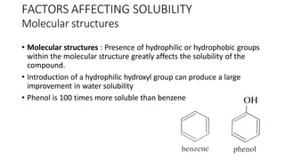 FACTORS AFFECTING SOLUBILITY
Molecular structures
• Molecular structures : Presence of hydrophilic or hydrophobic groups
within the molecular structure greatly affects the solubility of the
compound.
• Introduction of a hydrophilic hydroxyl group can produce a large
improvement in water solubility
• Phenol is 100 times more soluble than benzene
 