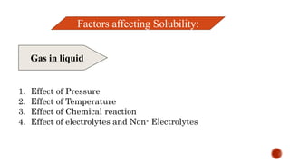 Factors affecting Solubility:
1. Effect of Pressure
2. Effect of Temperature
3. Effect of Chemical reaction
4. Effect of electrolytes and Non- Electrolytes
Gas in liquid
 