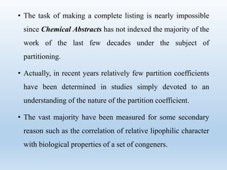 • The task of making a complete listing is nearly impossible
since Chemical Abstracts has not indexed the majority of the
work of the last few decades under the subject of
partitioning.
• Actually, in recent years relatively few partition coefficients
have been determined in studies simply devoted to an
understanding of the nature of the partition coefficient.
• The vast majority have been measured for some secondary
reason such as the correlation of relative lipophilic character
with biological properties of a set of congeners.
 