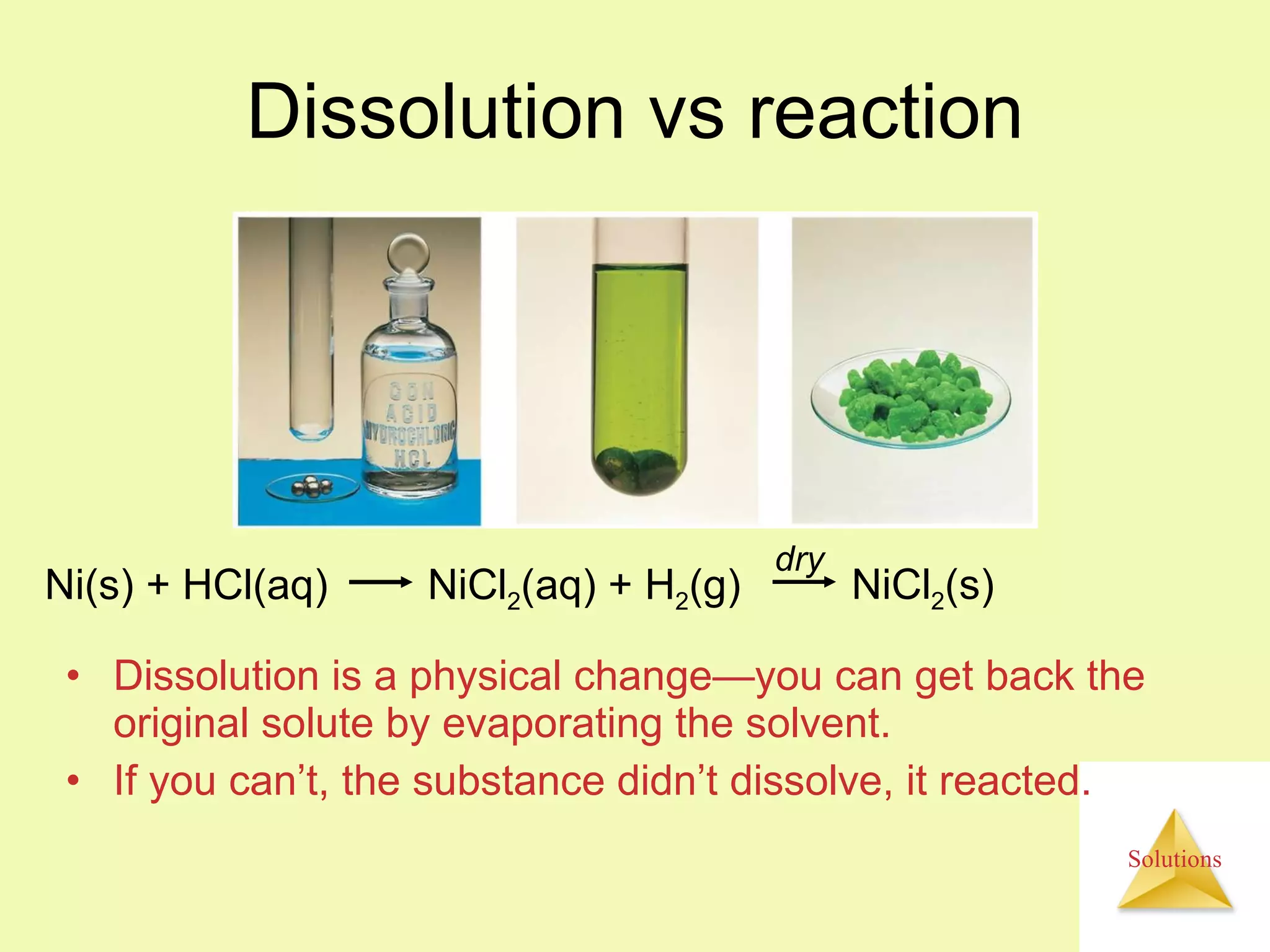 Dissolution vs reaction Dissolution is a physical change — you can get back the original solute by evaporating the solvent. If you can’t, the substance didn’t dissolve, it reacted. Ni(s) + HCl(aq) NiCl 2 (aq) + H 2 (g) NiCl 2 (s) dry 