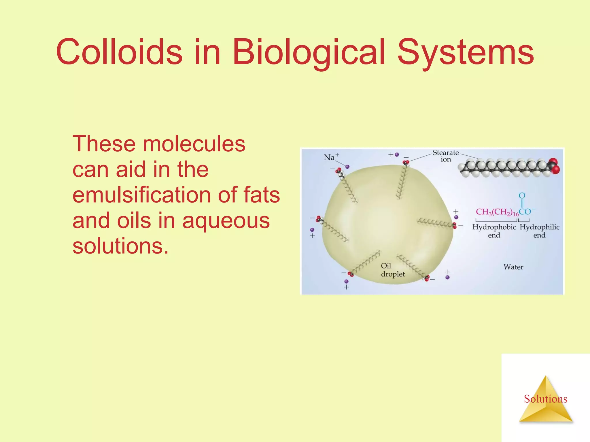 Colloids in Biological Systems These molecules can aid in the emulsification of fats and oils in aqueous solutions. 