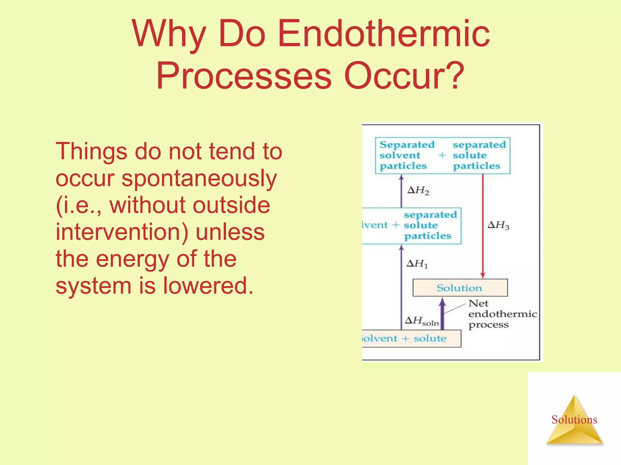 Why Do Endothermic Processes Occur? Things do not tend to occur spontaneously (i.e., without outside intervention) unless the energy of the system is lowered. 
