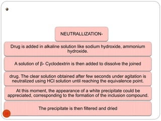 Self-emulsifying drug delivery systems (SEDDS) and selfmicroemulsifying 
drug delivery systems (SMEDDS) are isotropic solutions of oil and surfactant 
which form oil-in-water microemulsions on mild agitation in the presence of water. 
NEUTRALLIZATION-Drug 
is added in alkaline solution like sodium hydroxide, ammonium 
hydroxide. 
A solution of β- Cyclodextrin is then added to dissolve the joined 
drug. The clear solution obtained after few seconds under agitation is 
neutralized using HCl solution until reaching the equivalence point. 
At this moment, the appearance of a white precipitate could be 
appreciated, corresponding to the formation of the inclusion compound. 
The precipitate is then filtered and dried 
28 
 