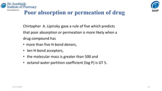 Poor absorption or permeation of drug
Chirtopher A. Lipinsky gave a rule of five which predicts
that poor absorption or permeation is more likely when a
drug compound has
• more than five H-bond donors,
• ten H-bond acceptors,
• the molecular mass is greater than 500 and
• octanol water partition coefficient (log P) is GT 5.
1014-12-2020
 
