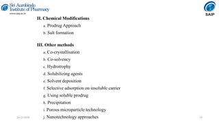 II. Chemical Modifications
a. Prodrug Approach
b. Salt formation
III. Other methods
a. Co-crystallisation
b. Co-solvency
c. Hydrotrophy
d. Solubilizing agents
e. Solvent deposition
f. Selective adsorption on insoluble carrier
g. Using soluble prodrug
h. Precipitation
i. Porous microparticle technology
j. Nanotechnology approaches 1314-12-2020
 