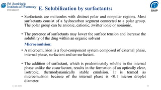 E. Solubilization by surfactants:
• Surfactants are molecules with distinct polar and nonpolar regions. Most
surfactants consist of a hydrocarbon segment connected to a polar group.
The polar group can be anionic, cationic, zwitter ionic or nonionic.
• The presence of surfactants may lower the surface tension and increase the
solubility of the drug within an organic solvent
Microemulsion:
• A microemulsion is a four-component system composed of external phase,
internal phase, surfactant and co-surfactant.
• The addition of surfactant, which is predominately soluble in the internal
phase unlike the cosurfactant, results in the formation of an optically clear,
isotropic, thermodynamically stable emulsion. It is termed as
microemulsion because of the internal phase is <0.1 micron droplet
diameter.
2414-12-2020
 
