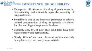 IMPORTANCE OF SOLUBILITY
• Therapeutic effectiveness of a drug depends upon the
bioavailability and ultimately upon the solubility of
drug molecules.
• Solubility is one of the important parameter to achieve
desired concentration of drug in systemic circulation
for pharmacological response to be shown.
• Currently only 8% of new drug candidates have both
high solubility and permeability.
• Nearly 40% of the new chemical entities currently
being discovered are poorly water soluble.
514-12-2020
 