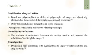 Modification of crystal habits:
 Based on polymorphism as different polymorphs of drugs are chemically
identical, but they exhibit different physicochemical properties.[2]
 Order for dissolution of different solid forms of drug is:
Amorphous >Metastable polymorph >Stable polymorph
Solubility by surfactants:
 The addition of surfactants decreases the surface tension and increase the
solubility of the lipophilic drugs.[1]
Complexation:
 Drugs have been complexed with cyclodextrins to improve water solubility and
drug stability.[3]
10
 