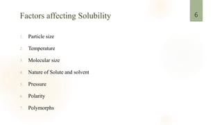 Factors affecting Solubility
1. Particle size
2. Temperature
3. Molecular size
4. Nature of Solute and solvent
5. Pressure
6. Polarity
7. Polymorphs
6
 