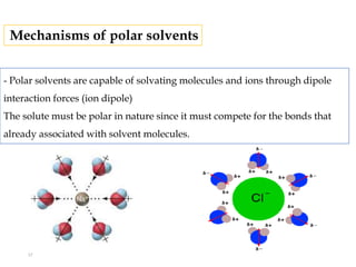 - Polar solvents are capable of solvating molecules and ions through dipole
interaction forces (ion dipole)
The solute must be polar in nature since it must compete for the bonds that
already associated with solvent molecules.
Mechanisms of polar solvents
17
 