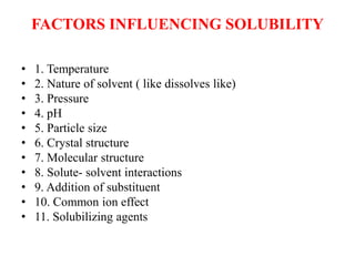 FACTORS INFLUENCING SOLUBILITY
• 1. Temperature
• 2. Nature of solvent ( like dissolves like)
• 3. Pressure
• 4. pH
• 5. Particle size
• 6. Crystal structure
• 7. Molecular structure
• 8. Solute- solvent interactions
• 9. Addition of substituent
• 10. Common ion effect
• 11. Solubilizing agents
 