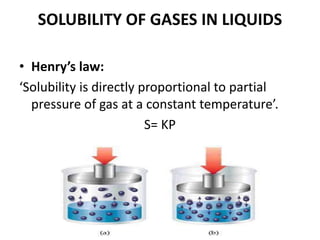 SOLUBILITY OF GASES IN LIQUIDS
• Henry’s law:
‘Solubility is directly proportional to partial
pressure of gas at a constant temperature’.
S= KP
 