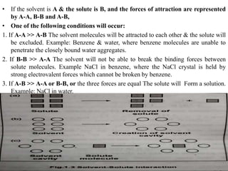 • If the solvent is A & the solute is B, and the forces of attraction are represented
by A-A, B-B and A-B,
• One of the following conditions will occur:
1. If A-A >> A-B The solvent molecules will be attracted to each other & the solute will
be excluded. Example: Benzene & water, where benzene molecules are unable to
penetrate the closely bound water aggregates.
2. If B-B >> A-A The solvent will not be able to break the binding forces between
solute molecules. Example NaCl in benzene, where the NaCl crystal is held by
strong electrovalent forces which cannot be broken by benzene.
3. If A-B >> A-A or B-B, or the three forces are equal The solute will Form a solution.
Example: NaCl in water.
 