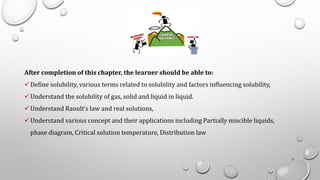 After completion of this chapter, the learner should be able to:
✓Define solubility, various terms related to solubility and factors influencing solubility,
✓Understand the solubility of gas, solid and liquid in liquid.
✓Understand Raoult’s law and real solutions,
✓Understand various concept and their applications including Partially miscible liquids,
phase diagram, Critical solution temperature, Distribution law
3
 