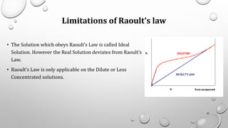Limitations of Raoult’s law
• The Solution which obeys Raoult’s Law is called Ideal
Solution. However the Real Solution deviates from Raoult’s
Law.
• Raoult’s Law is only applicable on the Dilute or Less
Concentrated solutions.
60
 
