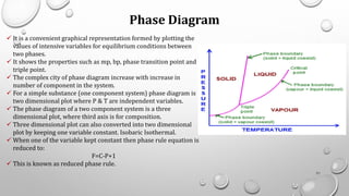 Phase Diagram
✓ It is a convenient graphical representation formed by plotting the
values of intensive variables for equilibrium conditions between
two phases.
✓ It shows the properties such as mp, bp, phase transition point and
triple point.
✓ The complex city of phase diagram increase with increase in
number of component in the system.
✓ For a simple substance (one component system) phase diagram is
two dimensional plot where P & T are independent variables.
✓ The phase diagram of a two component system is a three
dimensional plot, where third axis is for composition.
✓ Three dimensional plot can also converted into two dimensional
plot by keeping one variable constant. Isobaric Isothermal.
✓ When one of the variable kept constant then phase rule equation is
reduced to:
F=C-P+1
✓ This is known as reduced phase rule.
71
 