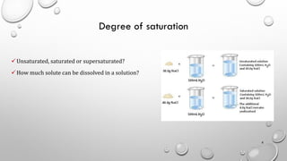 Degree of saturation
✓Unsaturated, saturated or supersaturated?
✓How much solute can be dissolved in a solution?
8
 