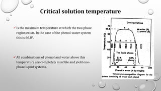 Critical solution temperature
✓Is the maximum temperature at which the two phase
region exists. In the case of the phenol-water system
this is 66.8°.
✓All combinations of phenol and water above this
temperature are completely miscible and yield one-
phase liquid systems.
89
 
