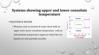 Systems showing upper and lower consolute
temperature
✓NICOTINE & WATER
✓Mixtures such as nicotine & water show both an
upper and a lower consolute temperature with an
intermediate temperature region in which the two
liquids are only partially miscible.
91
 