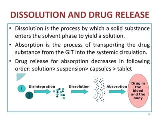 DISSOLUTION AND DRUG RELEASE
• Dissolution is the process by which a solid substance
enters the solvent phase to yield a solution.
• Absorption is the process of transporting the drug
substance from the GIT into the systemic circulation.
• Drug release for absorption decreases in following
order: solution> suspension> capsules > tablet
24
 