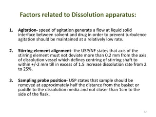 Factors related to Dissolution apparatus:
1. Agitation- speed of agitation generate a flow at liquid solid
interface between solvent and drug in order to prevent turbulence
agitation should be maintained at a relatively low rate.
2. Stirring element alignment- the USP/NF states that axis of the
stirring element must not deviate more than 0.2 mm from the axis
of dissolution vessel which defines centring of stirring shaft to
within +/-2 mm till in excess of 1.5 increase dissolution rate from 2
to 25%.
3. Sampling probe position- USP states that sample should be
removed at approximately half the distance from the basket or
paddle to the dissolution media and not closer than 1cm to the
side of the flask.
32
 