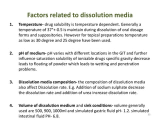 Factors related to dissolution media
1. Temperature- drug solubility is temperature dependent. Generally a
temperature of 37°+-0.5 is maintain during dissolution of oral dosage
forms and suppositories. However for topical preparations temperature
as low as 30 degree and 25 degree have been used.
2. pH of medium- pH varies with different locations in the GIT and further
influence saturation solubility of ionizable drugs specific gravity decrease
leads to floating of powder which leads to wetting and penetration
problems.
3. Dissolution media composition- the composition of dissolution media
also affect Dissolution rate. E.g. Addition of sodium sulphate decrease
the dissolution rate and addition of urea increase dissolution rate.
4. Volume of dissolution medium and sink conditions- volume generally
used are 500, 900, 1000ml and simulated gastric fluid pH- 1.2. simulated
intestinal fluid PH- 6.8. 33
 