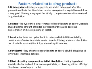 Factors related to to drug product:
1. Disintegration- disintegrating agents are added before and after the
granulation affects the dissolution rate for example microcrystalline cellulose
is very good disintegrating agent but at high compression force it may retard
drug dissolution.
2. Binders- the hydrophilic binder increase dissolution rate of poorly wettable
drugs but large amount of binder increased hardness and decrease
disintegration or dissolution rate of tablet.
3. Lubricants- these are hydrophobic in nature which inhibit wettability
penetration of water into tablet so decrease in disintegration and dissolution
use of soluble lubricant like SLS promote drug dissolution.
4. Surfactants- they enhance dissolution rate of poorly soluble drugs due to
lowering of interfacial tension.
5. Effect of coating component on tablet dissolution- coating ingredient
specially shellac and cellulose acetate phthalate, etc have significant effect on
dissolution rate of coated tablet.
34
 